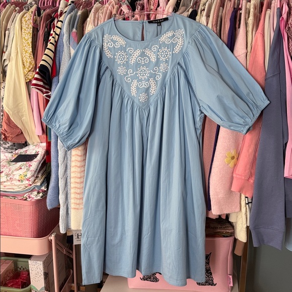 051 • Cornflower Blue Cotton Midi Dress | Boho Baby Doll Eyelet Wheat Embroidery - Picture 6 of 10